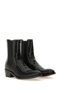 Tom Ford women’s leather black chelsea boots with black python-skin texture and low block heel