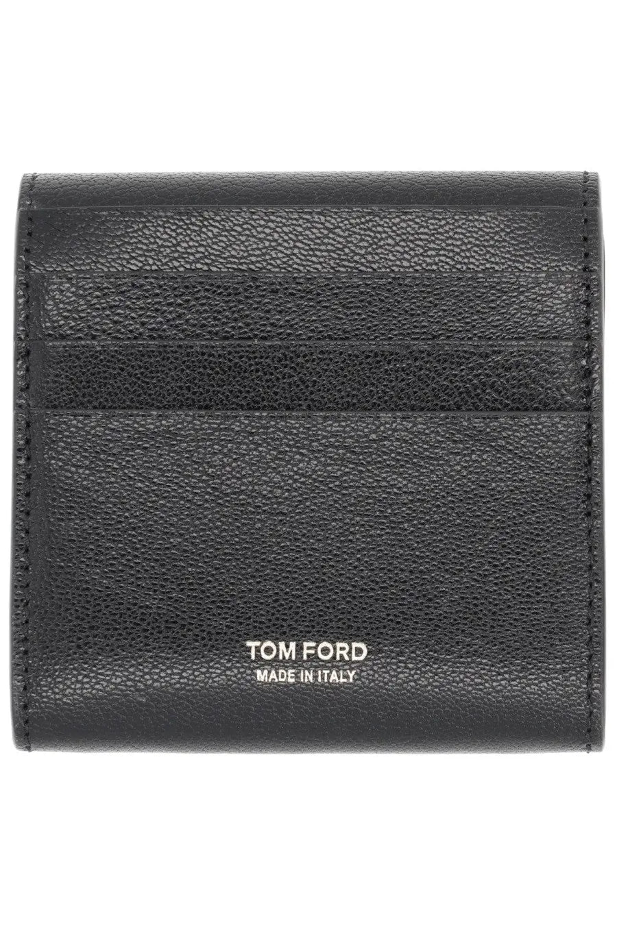 Black textured leather tom ford women’s card holder with embossed branding visible on front side