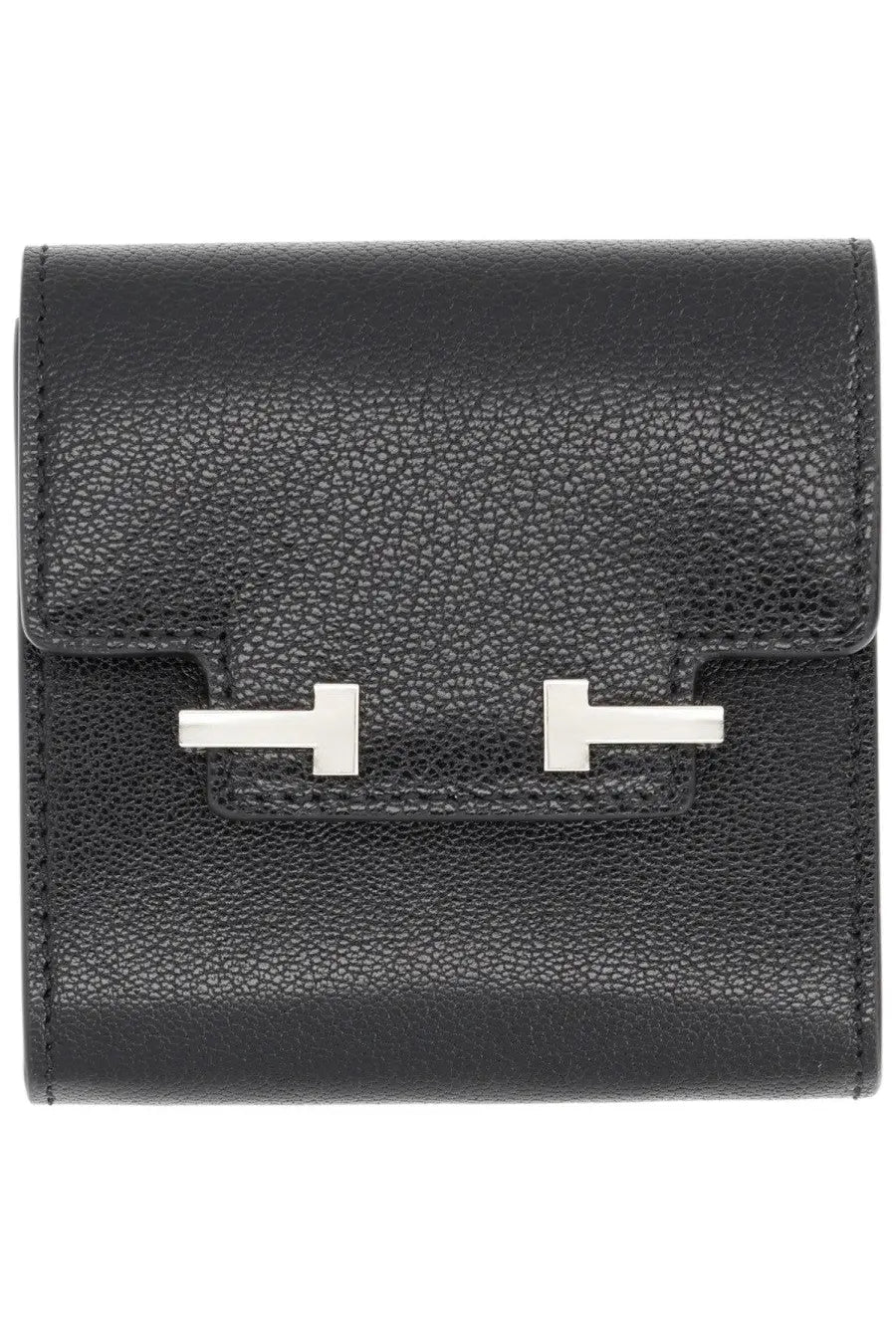 Tom Ford women’s black leather card holder with textured finish and silver tone h shaped clasp