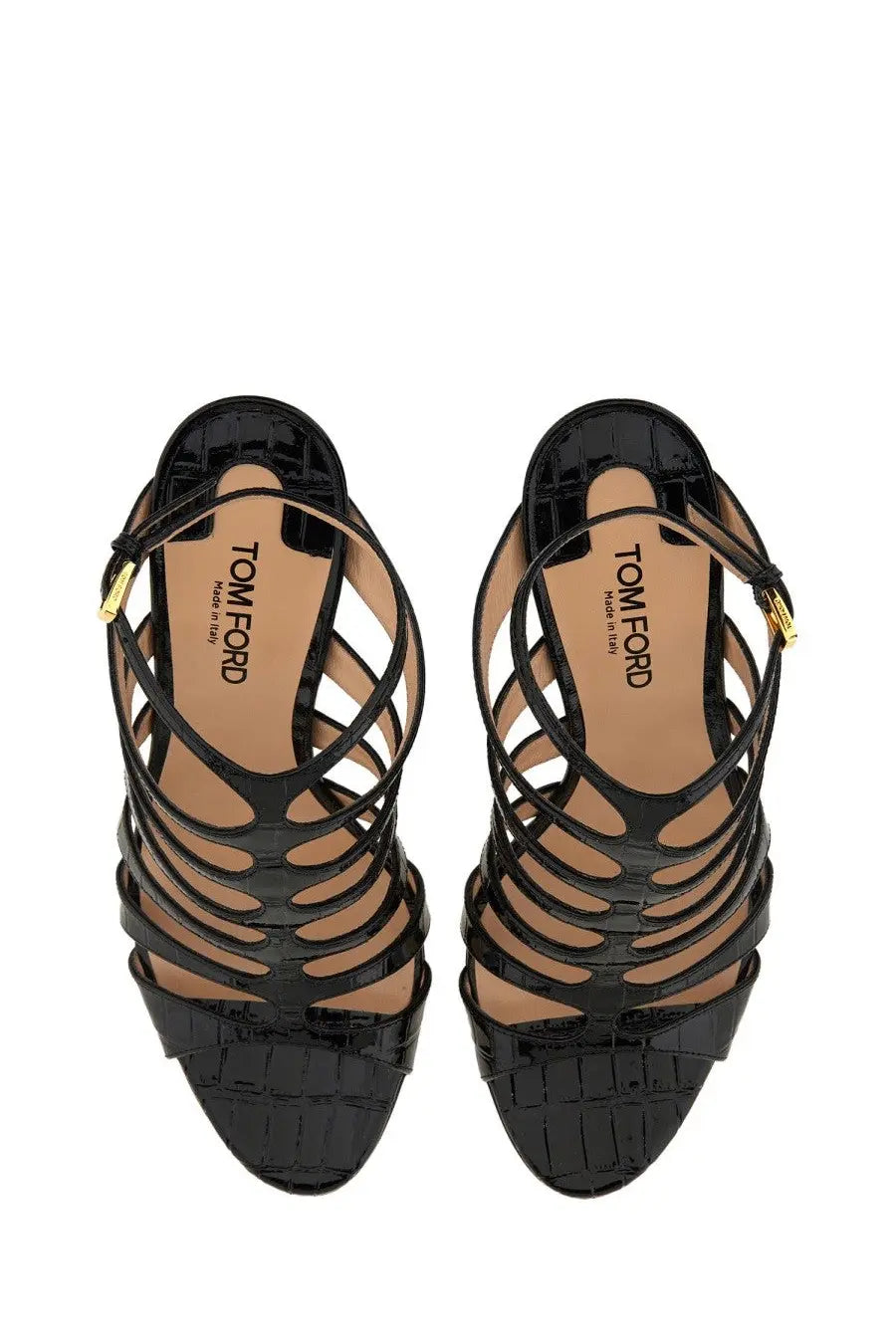 Tom Ford women’s black leather sandal with crocodile-embossed patent leather and gold-tone hardware details