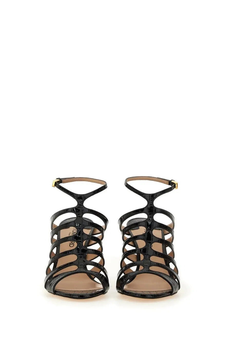Tom Ford women’s black leather sandal with crocodile embossing and gold-tone strappy high heel ankle straps