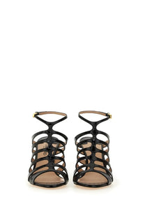 Tom Ford women’s black leather sandal with crocodile embossing and gold-tone strappy high heel ankle straps