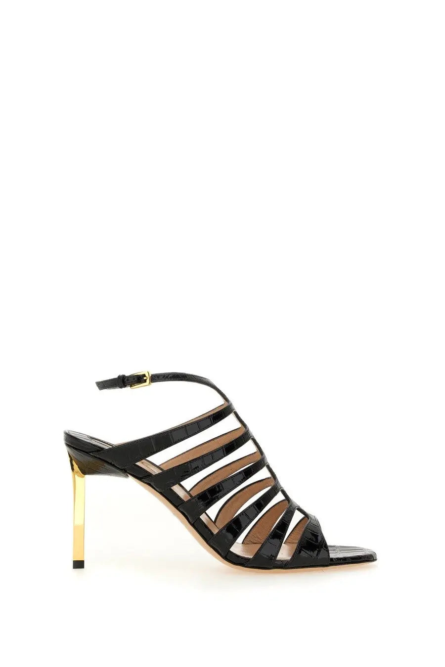 Tom Ford women’s black patent leather sandal with gold tone heel and ankle strap
