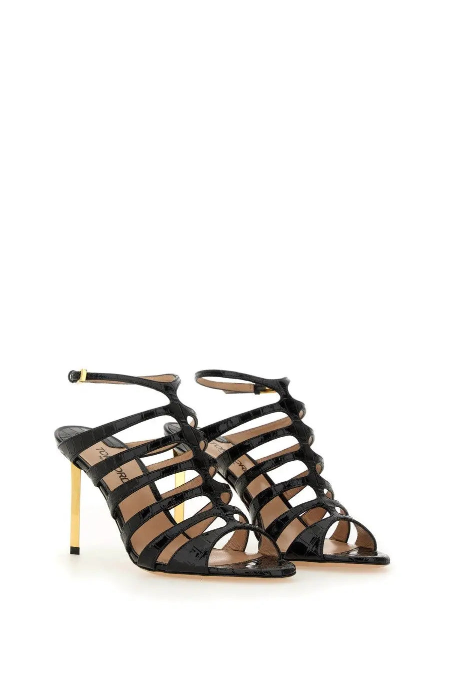 Tom Ford women’s black leather strappy sandals with gold-tone heel and ankle strap