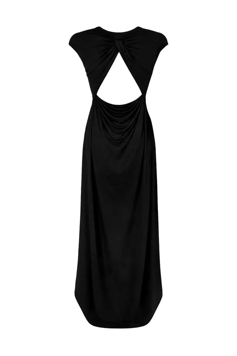 Black satin viscose maxi dress by tom ford with draped knotted back detail and cap sleeves shown from the back