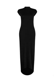 Tom Ford women’s long black viscose dress with high neck short sleeves and flowing silhouette