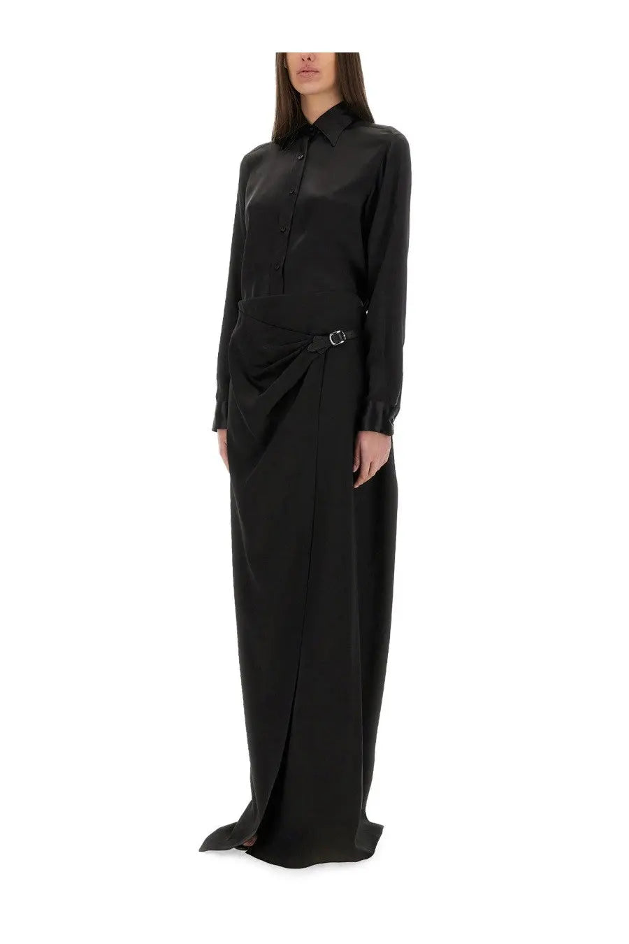 Black satin long-sleeved shirt dress with button-front and belted waist shown as tom ford womens maxi wrap skirt black