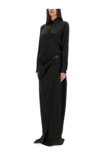 Black satin long-sleeved shirt dress with button-front and belted waist shown as tom ford womens maxi wrap skirt black