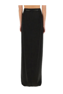 Tom Ford women’s black satin maxi wrap skirt with sleek straight-cut silhouette and matching belt