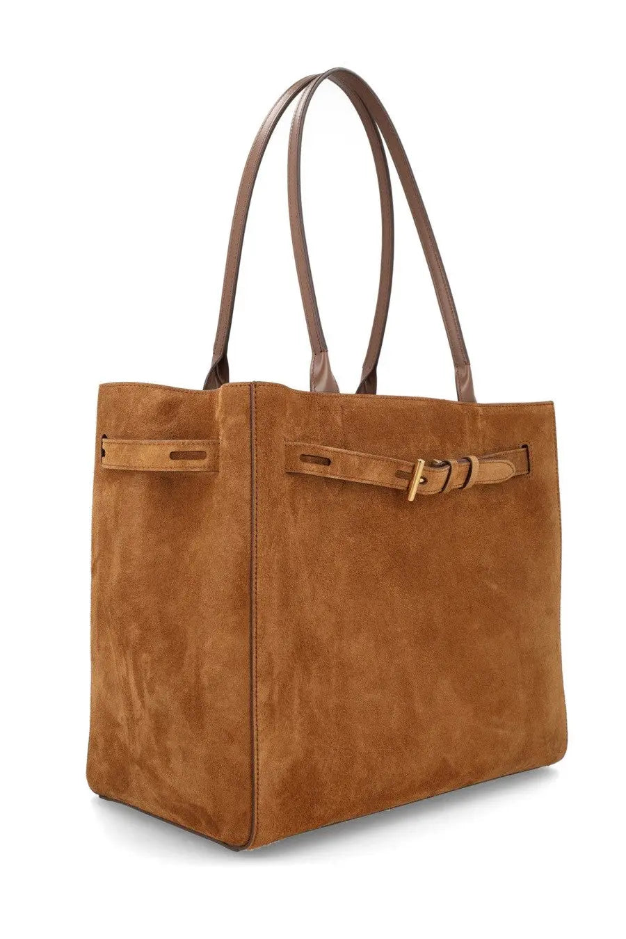 Tom Ford women’s medium Audrey tote bag in tan suede with brown leather handles and a matching belt-style strap