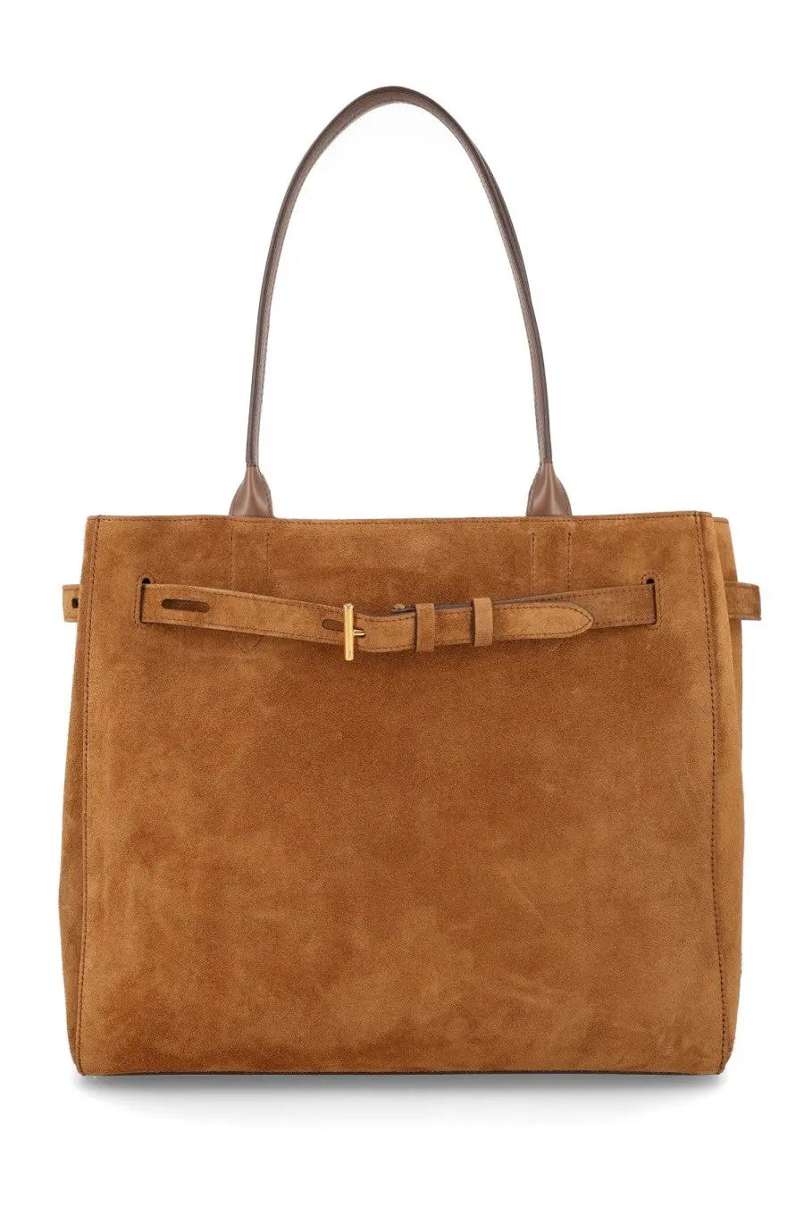 Tan suede tom ford women’s medium audrey tote bag with brown leather handles and gold-tone belt buckle strap