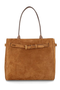 Tan suede tom ford women’s medium audrey tote bag with brown leather handles and gold-tone belt buckle strap