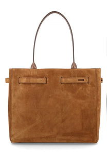 Tan suede tom ford medium audrey tote bag with matching leather handles and front flap closures in brown