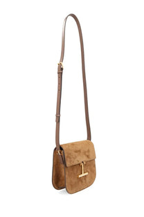 Tom Ford women’s mini Tara bag brown tan suede crossbody with gold-tone T-shaped clasp and adjustable strap
