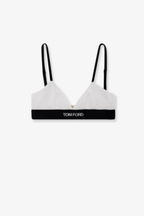 Tom ford women’s white modal bra with black straps and contrasting black logo band in front view