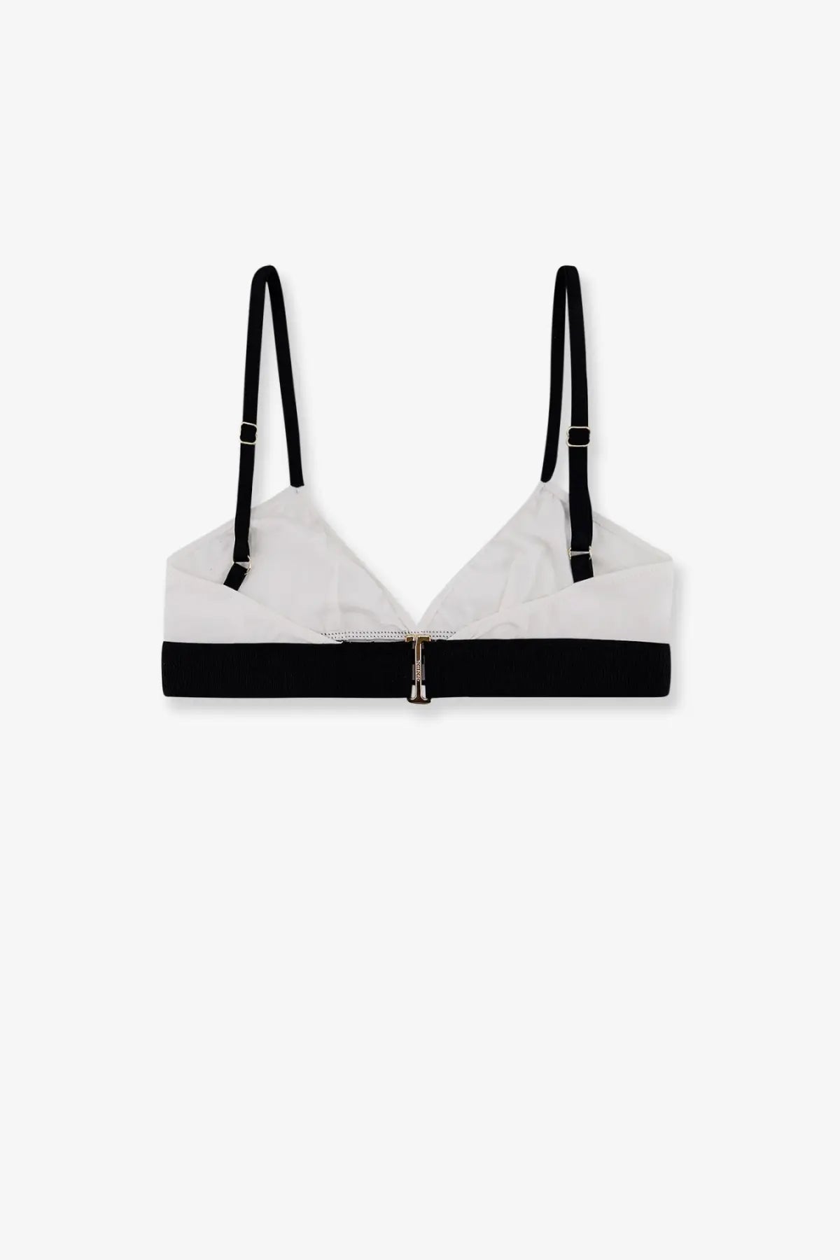Tom Ford women’s white modal bra with black and white triangle cups, adjustable straps, and central zipper detail