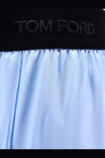 Tom ford women’s stretch satin pyjama trousers in grey with light blue fabric and black velvet waistband embroidered branding