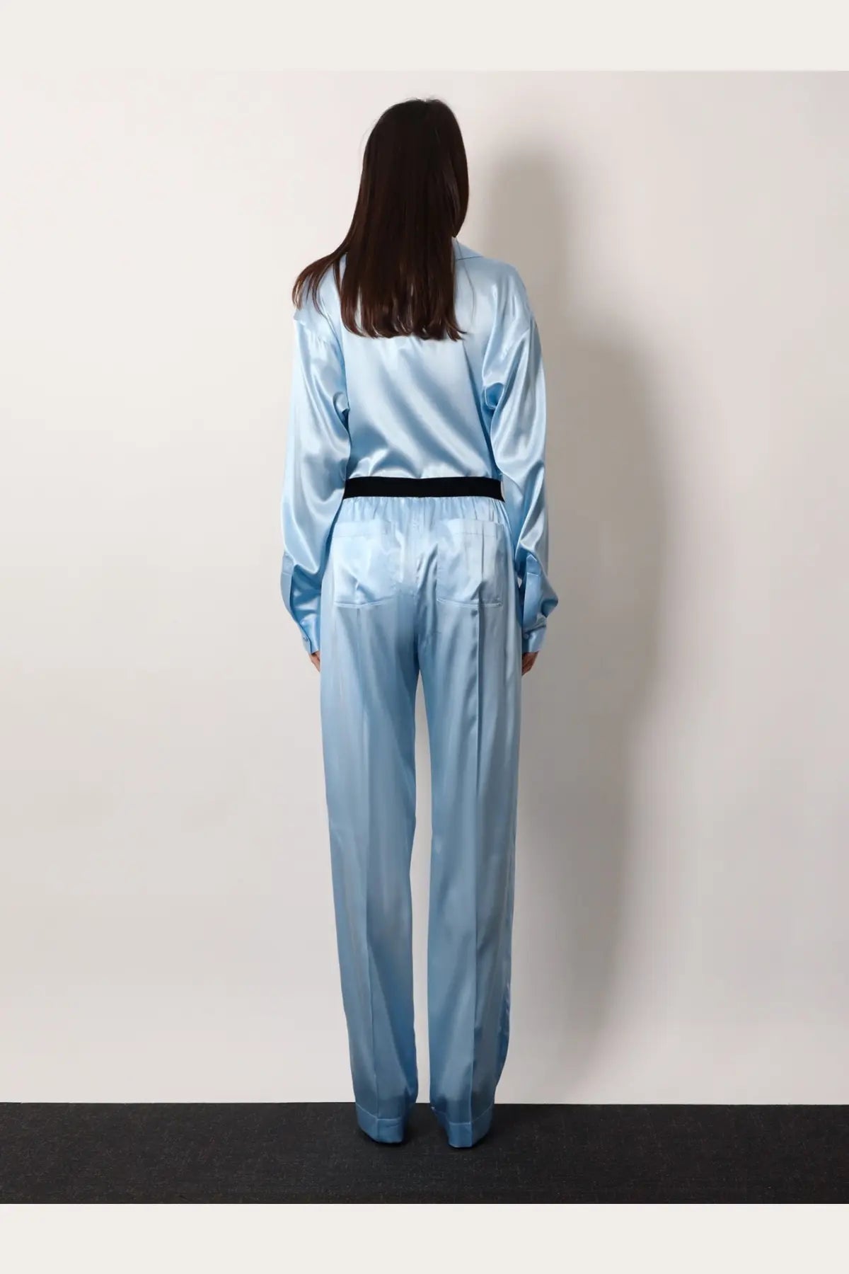 Light blue satin pyjama set with a black belt from tom ford women’s stretch satin trousers grey collection