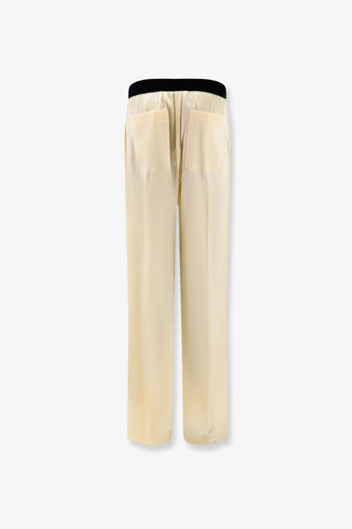 Tom Ford women’s cream satin stretch trousers with black elastic waistband and two front pockets for pyjamas