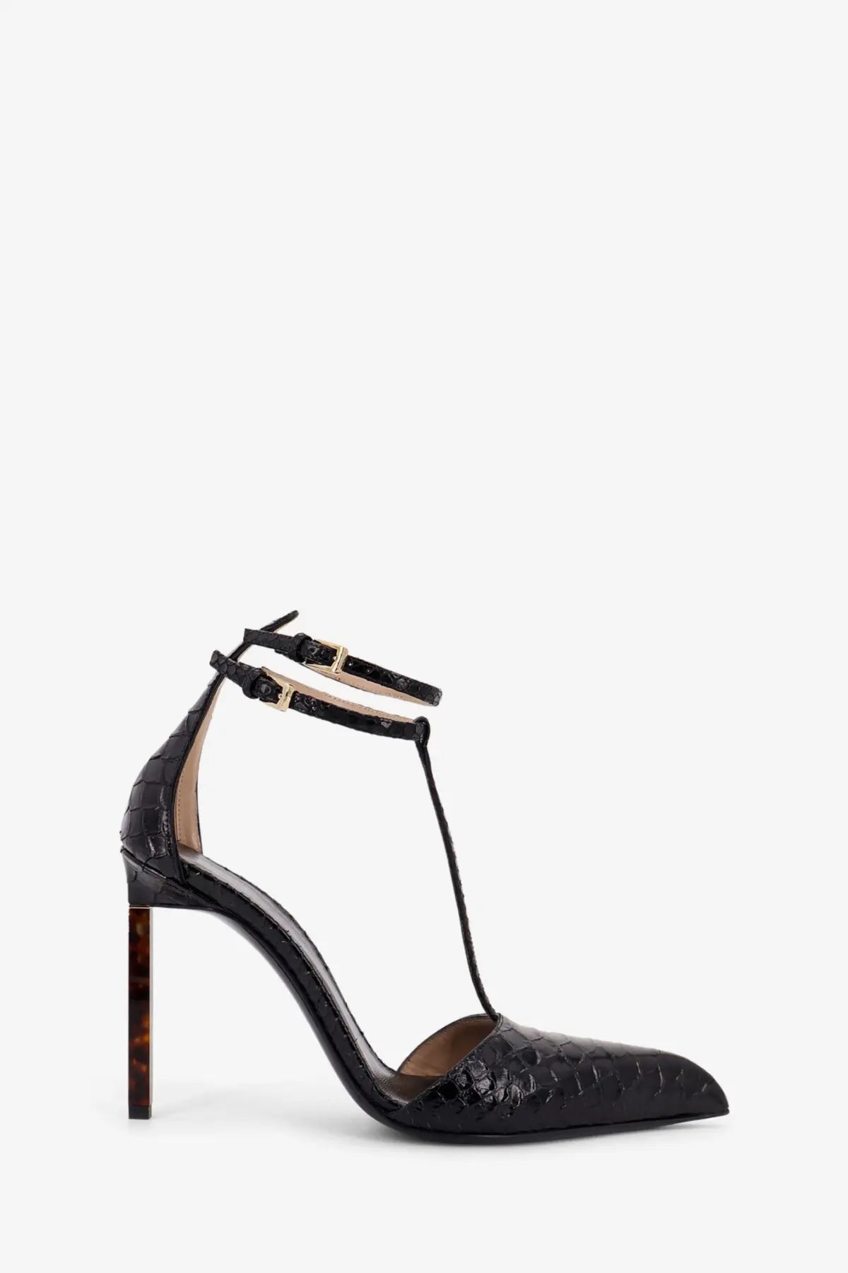 Tom Ford women’s python effect leather pumps in black with black crocodile-embossed leather t-strap and tortoiseshell stiletto sole