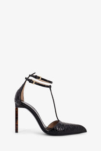 Tom Ford women’s python effect leather pumps in black with black crocodile-embossed leather t-strap and tortoiseshell stiletto sole
