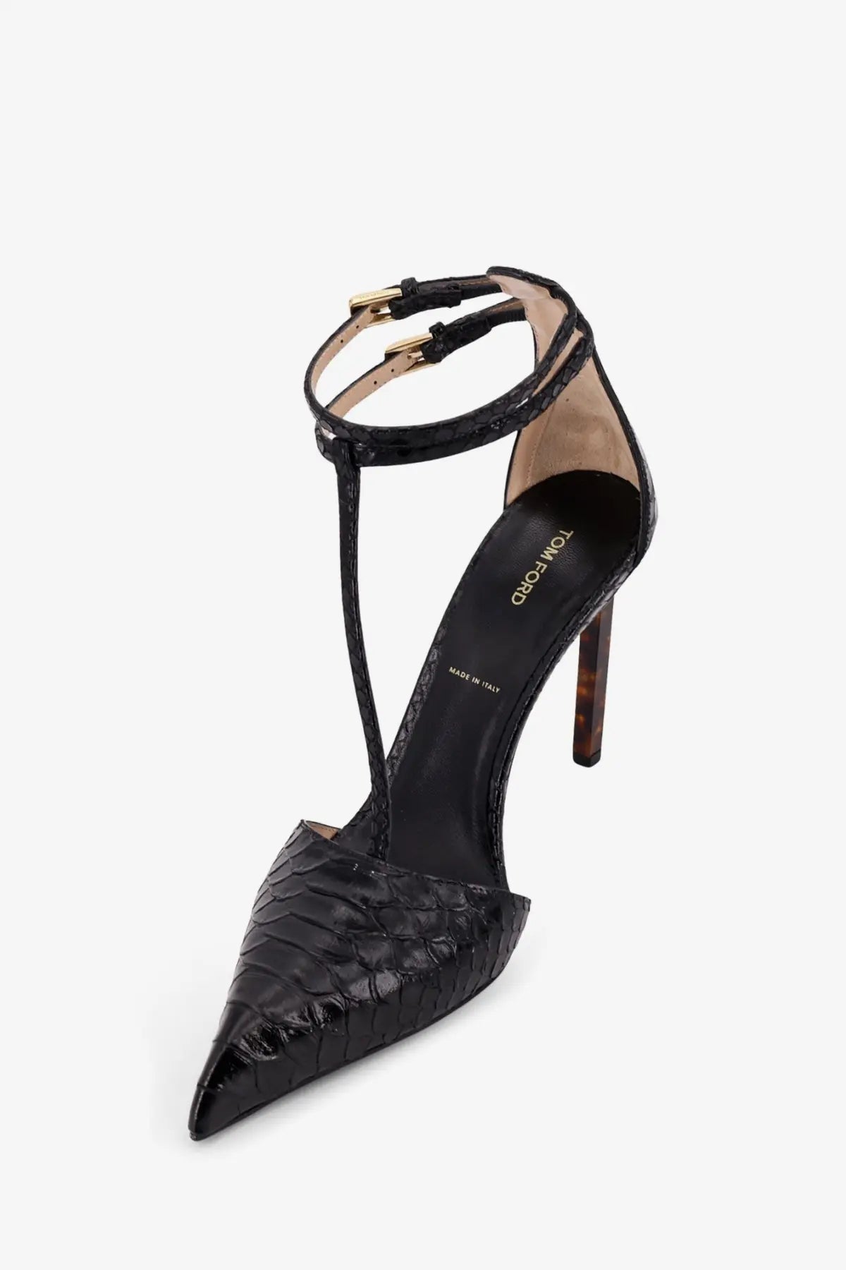 Tom ford women’s black crocodile-embossed leather ankle strap pump with tortoiseshell high heel