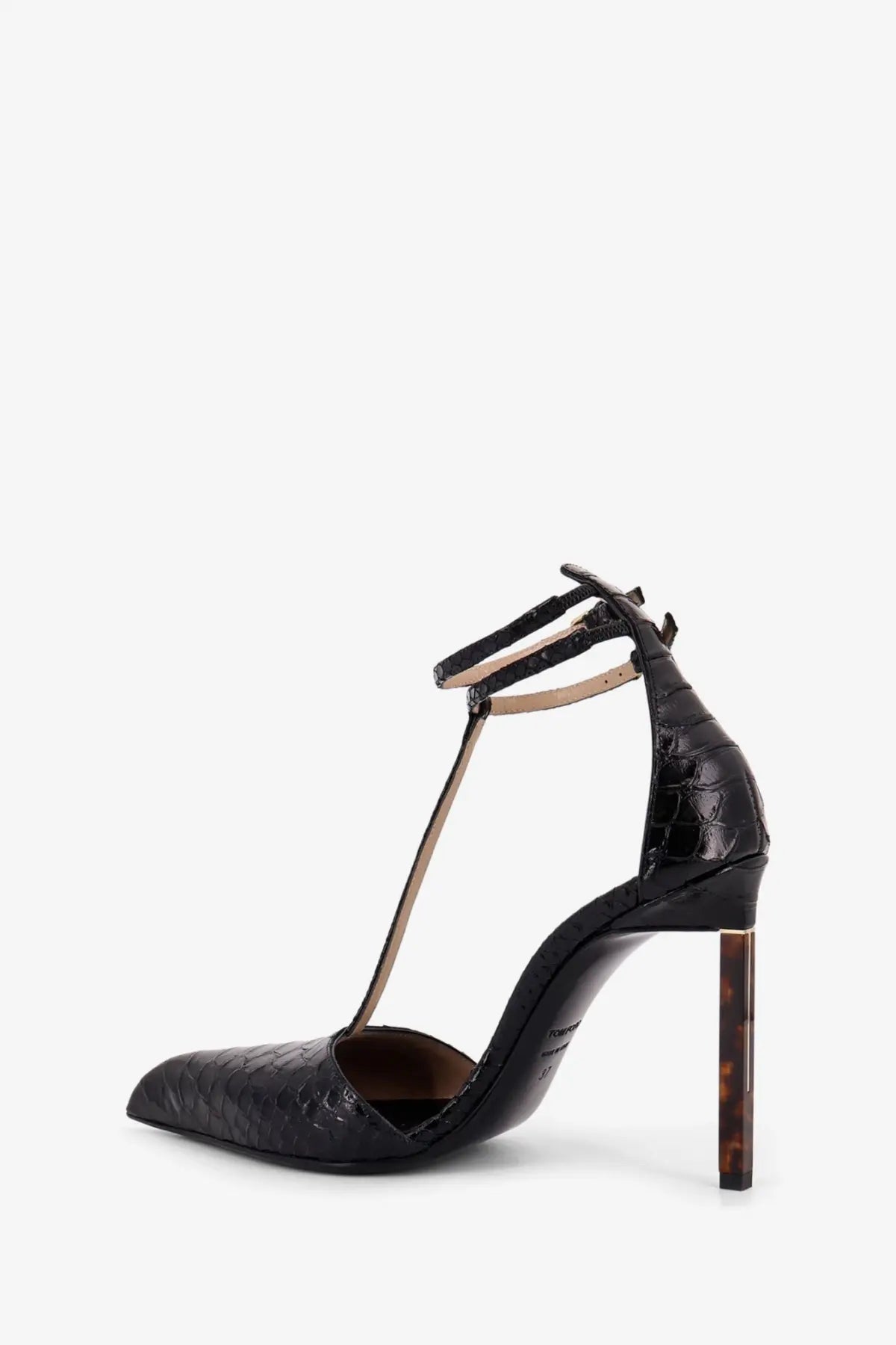 Tom Ford women’s black python effect leather t-strap pump with crocodile embossing and tortoiseshell stiletto heel