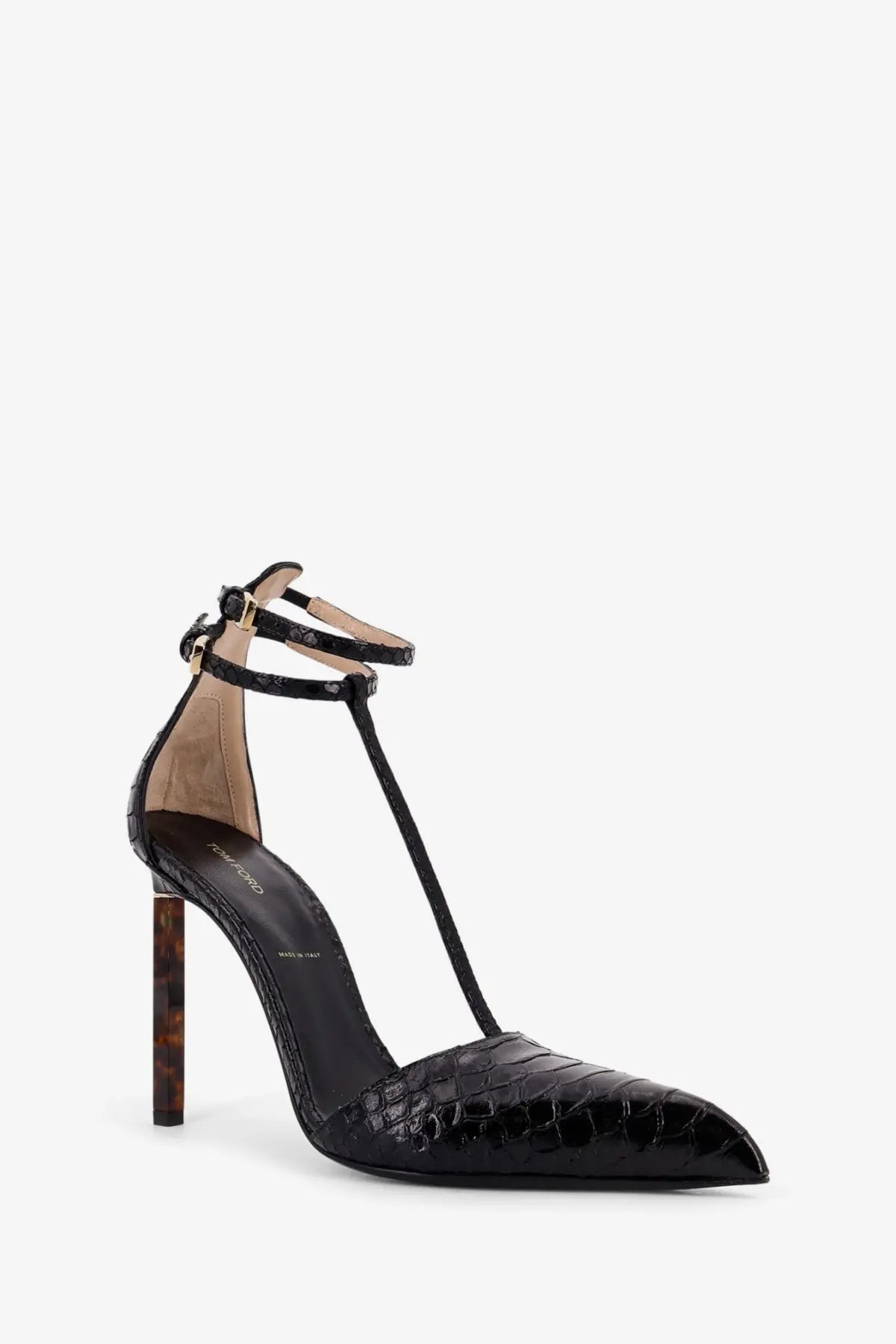 Tom Ford women’s black patent leather pumps with tortoiseshell high heel and python effect t-strap design