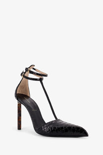 Tom Ford women’s black patent leather pumps with tortoiseshell high heel and python effect t-strap design