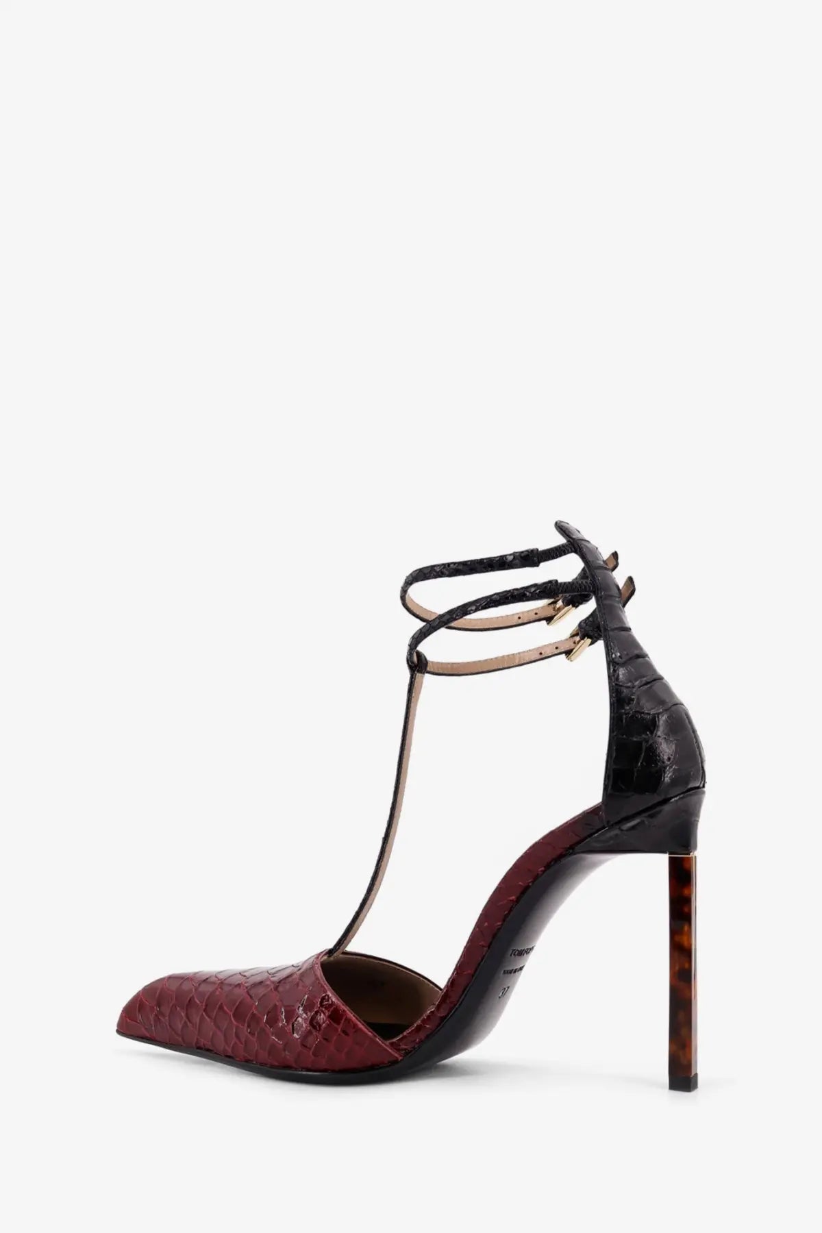 Tom Ford women’s python effect leather pumps in red with burgundy and black crocodile embossing and a tortoiseshell heel