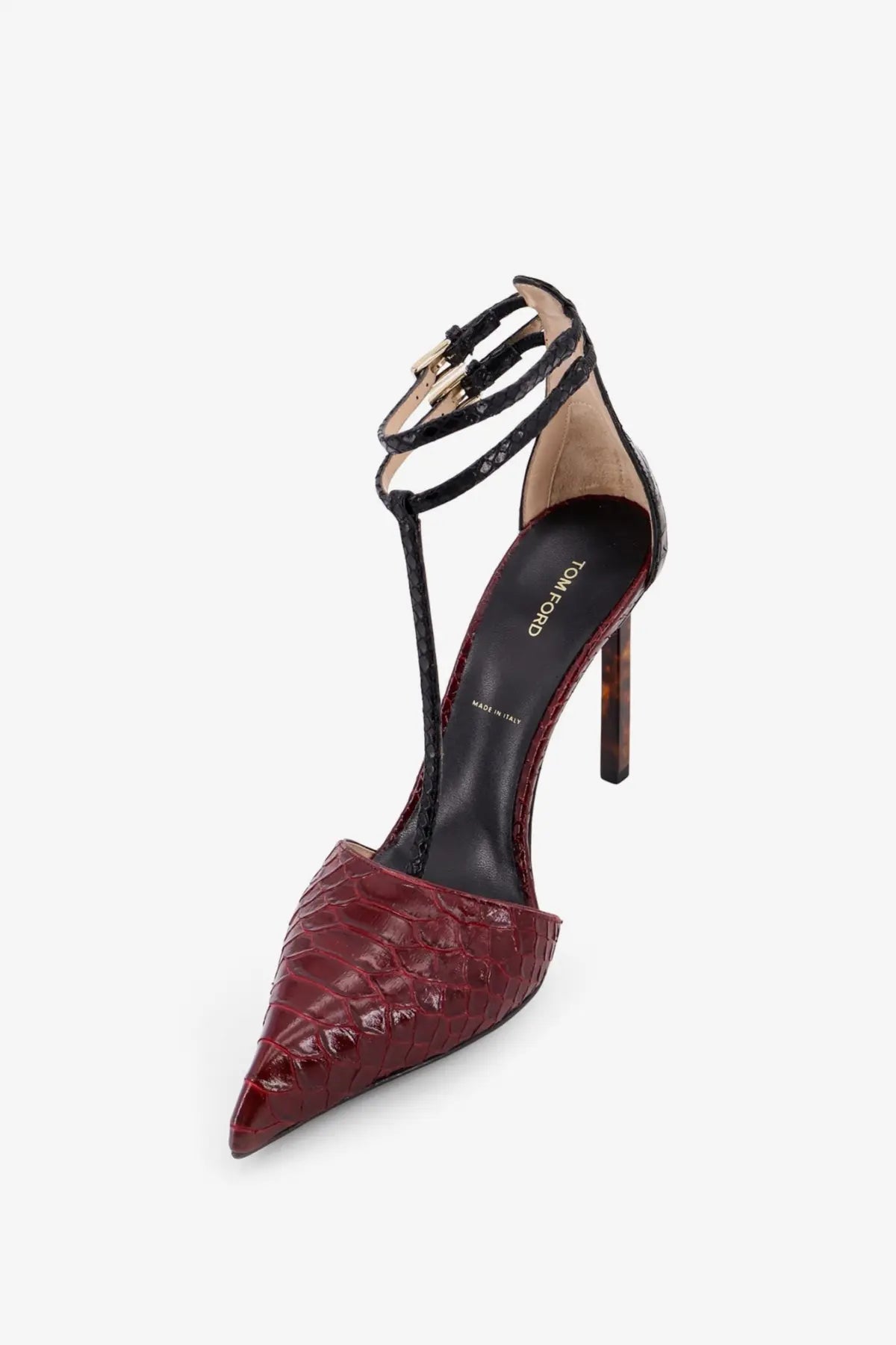 Tom Ford women’s red crocodile-embossed leather pumps with pointed toe black t-strap and tortoiseshell stiletto heel