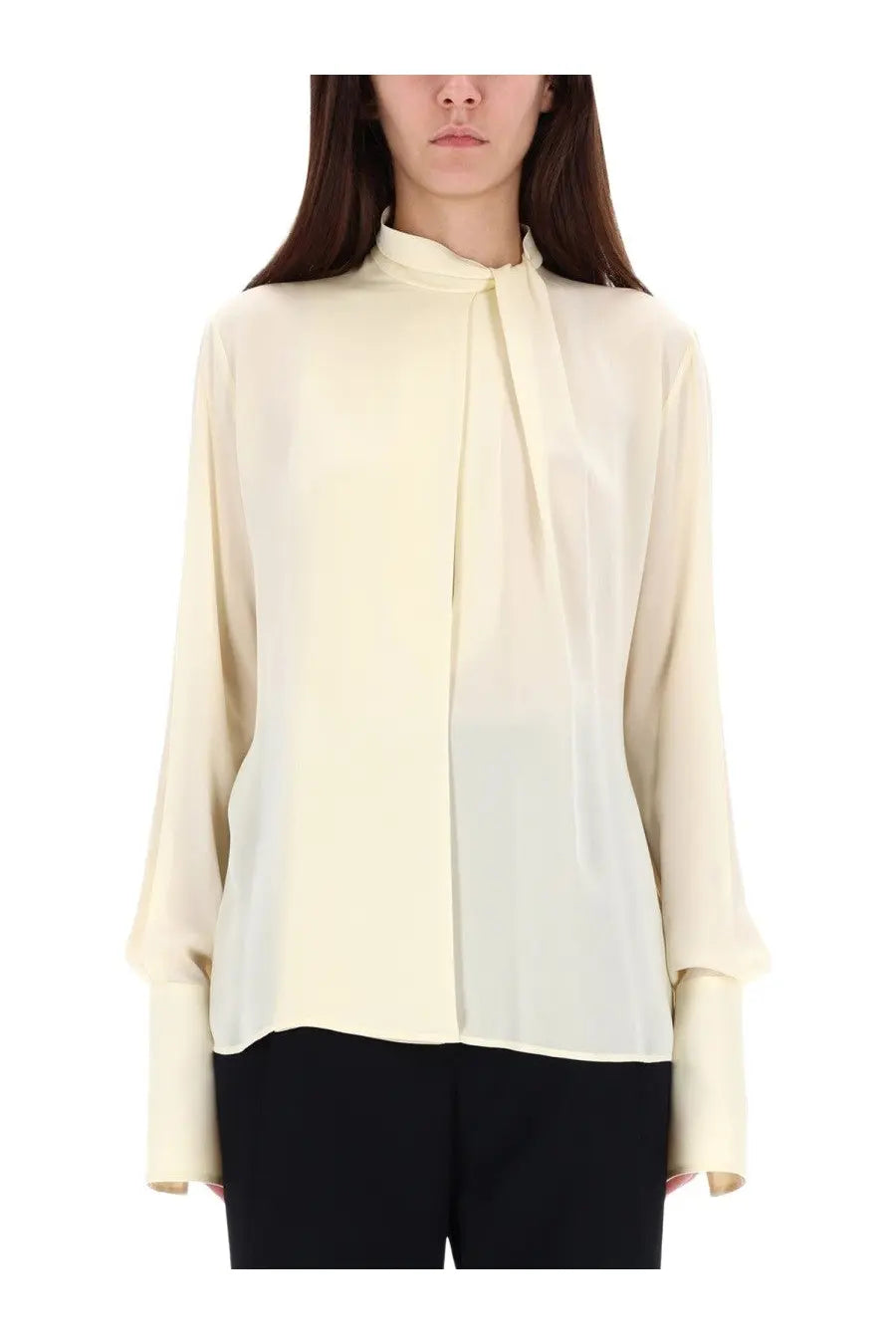 Cream-colored tom ford women’s silk georgette blouse with high neck and flowing long sleeves