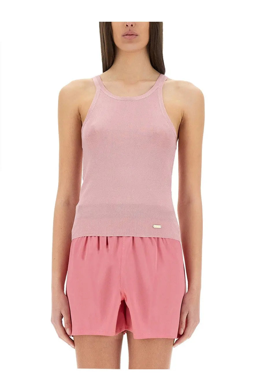 Tom Ford women’s silk knit tank top in soft pink ribbed fabric with a subtle horizontal band at the waist
