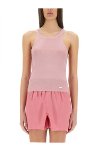 Tom Ford women’s silk knit tank top in soft pink ribbed fabric with a subtle horizontal band at the waist