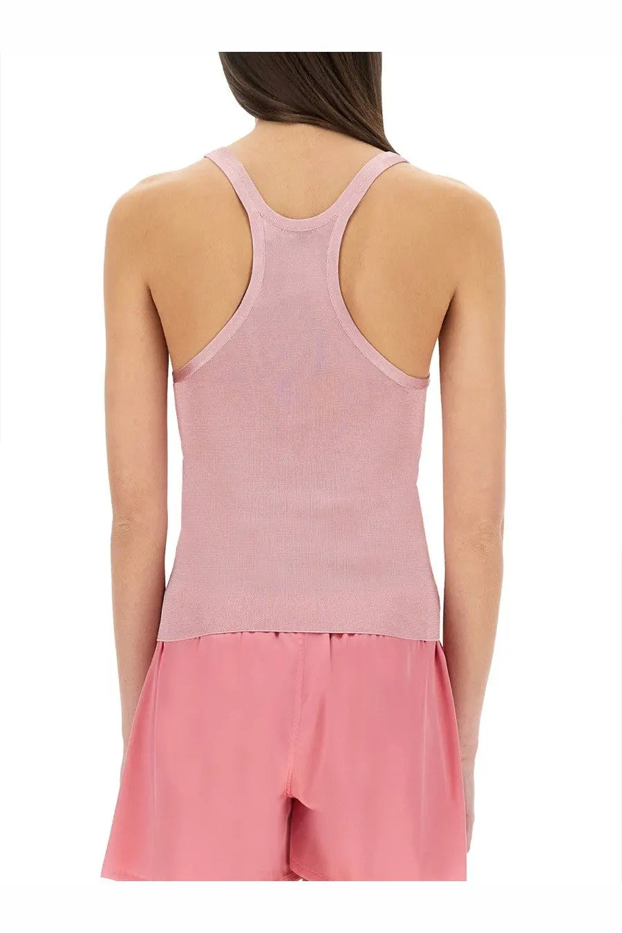 A soft pink ribbed knit racerback tank top for women with silk knit detailing by tom ford
