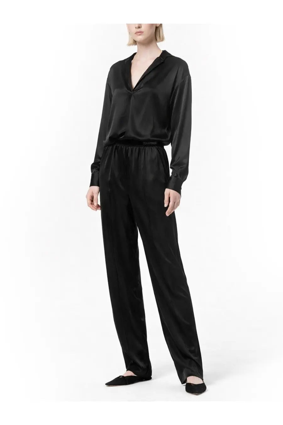 Black satin jumpsuit with v-neckline and long sleeves featured in Tom Ford women’s silk pajama pants black product image