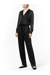 Black satin jumpsuit with v-neckline and long sleeves featured in Tom Ford women’s silk pajama pants black product image