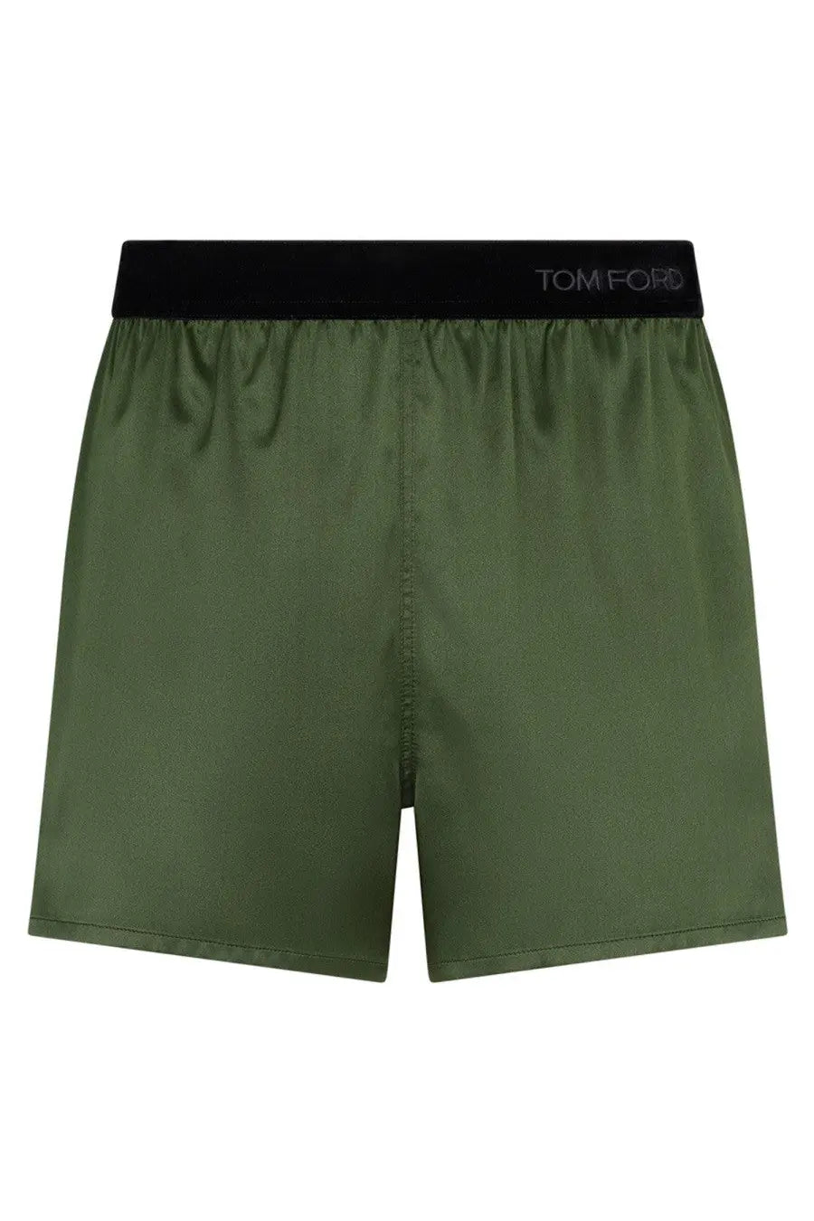 Tom Ford women’s silk pajama shorts in olive green satin with a black elastic waistband featuring the Tom Ford logo