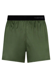 Tom Ford women’s silk pajama shorts in olive green satin with a black elastic waistband featuring the Tom Ford logo