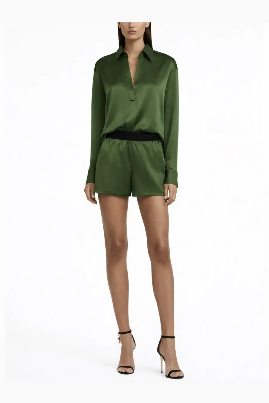 Olive green satin silk button-down shirt with long sleeves and collar from tom ford women’s pajama shorts green set