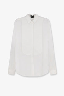 Tom Ford women’s white silk shirt with long sleeves and subtle pleated front panel featuring brand label