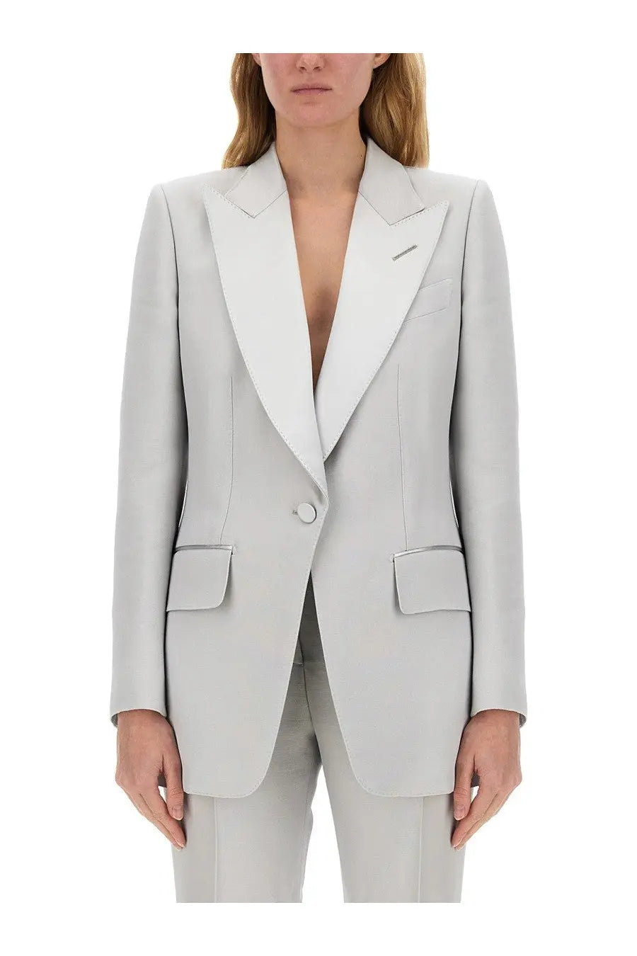 Tom Ford women’s single breasted tuxedo jacket in light gray tailored with notched lapel and single button closure