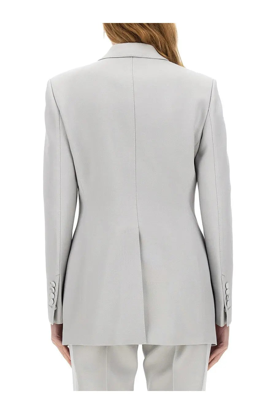 Tom ford women’s single breasted tuxedo jacket bianca grey showing the sleek light gray tailored back with seam detailing