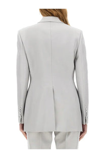 Tom ford women’s single breasted tuxedo jacket bianca grey showing the sleek light gray tailored back with seam detailing
