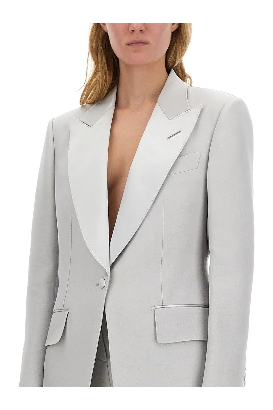 Tom ford women’s single breasted tuxedo jacket in bianca grey with notched lapel and subtle stitching details