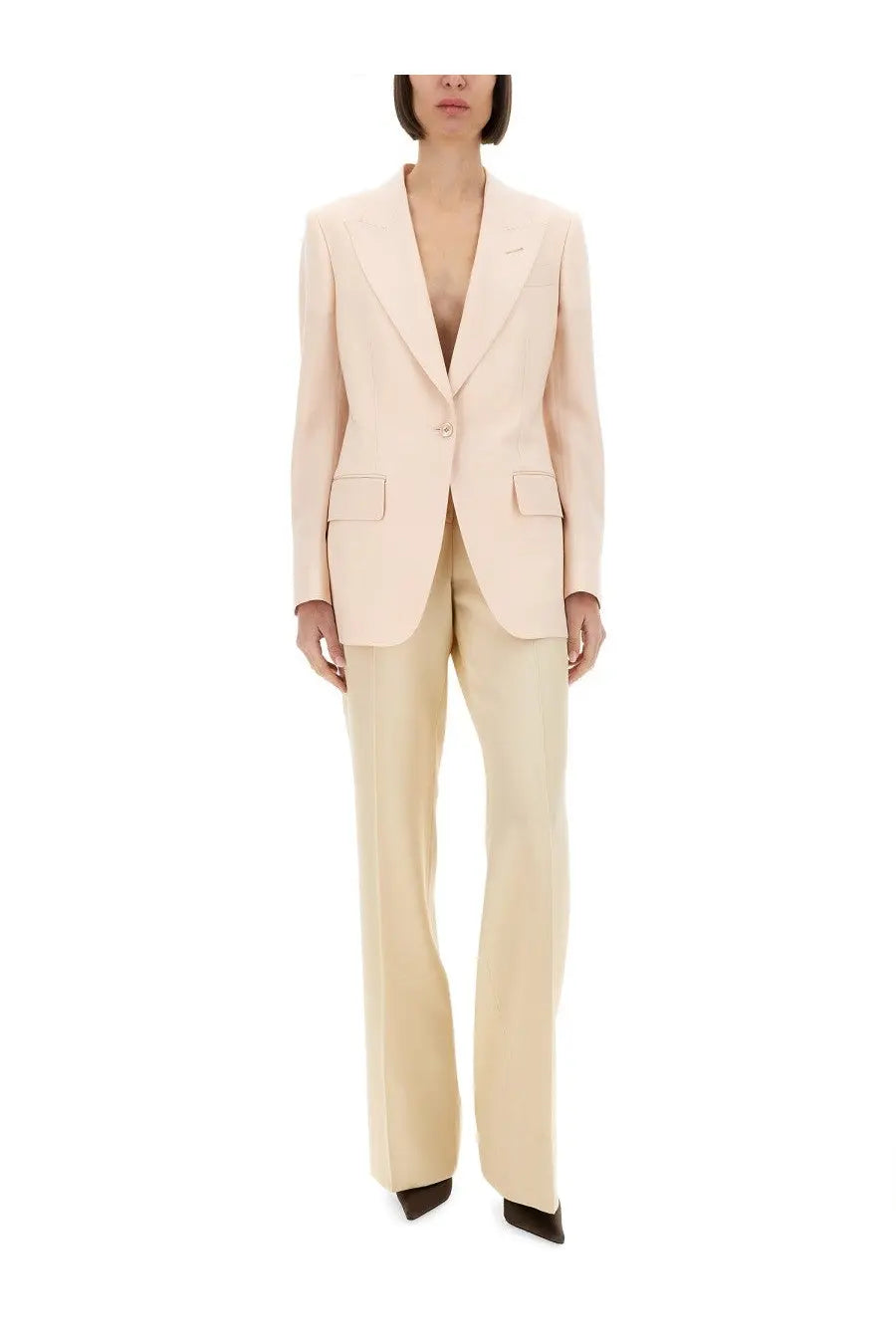 Tom Ford women’s pale pink tailored wool blazer with single button closure and flap pockets