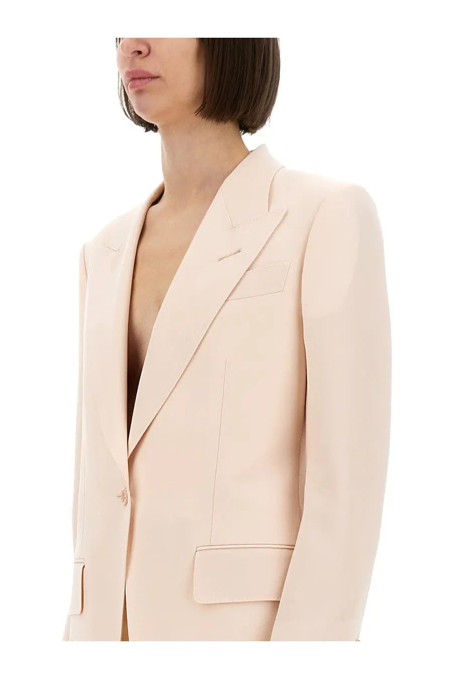 Tom Ford women’s single breasted wool jacket in blue with a sleek pale pink tailored blazer front and subtle stitching details