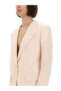 Tom Ford women’s single breasted wool jacket in blue with a sleek pale pink tailored blazer front and subtle stitching details