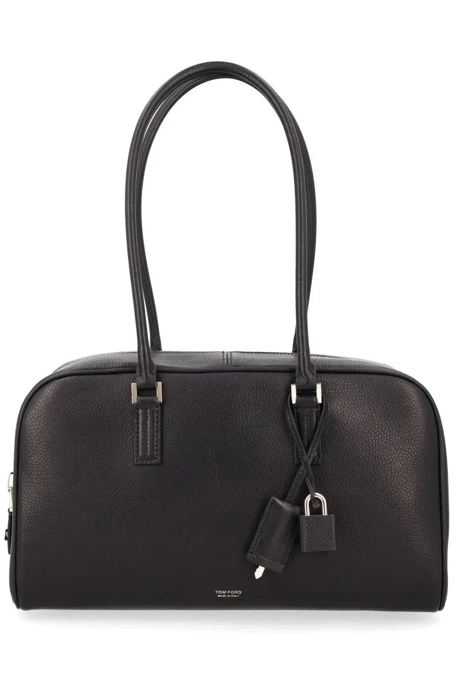 Tom Ford women’s small black leather bag with pebbled texture dual top handles and silver lock and key hardware