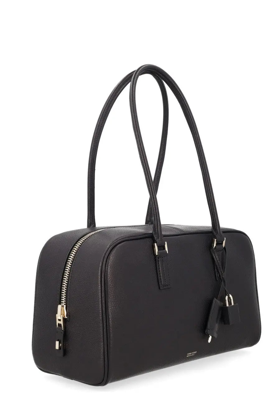 Tom Ford women’s small black leather handbag with gold-tone zipper hardware and dual top handles in sleek rectangular shape